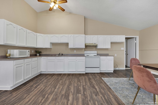 kitchen featuring high vaulted ceiling, dark hardwood / wood-style floors, white appliances, sink, and white cabinetry