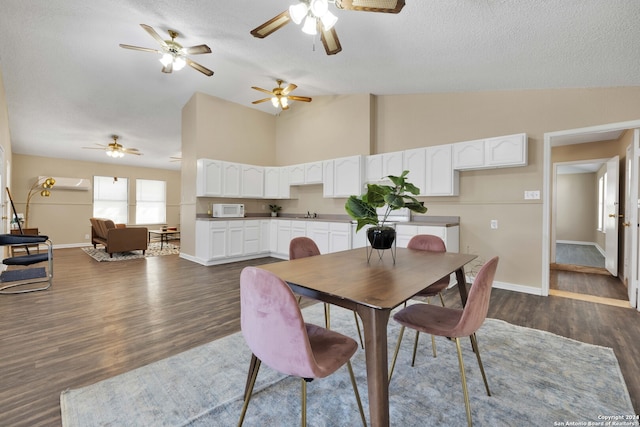 dining room featuring dark wood-type flooring, high vaulted ceiling, and a textured ceiling