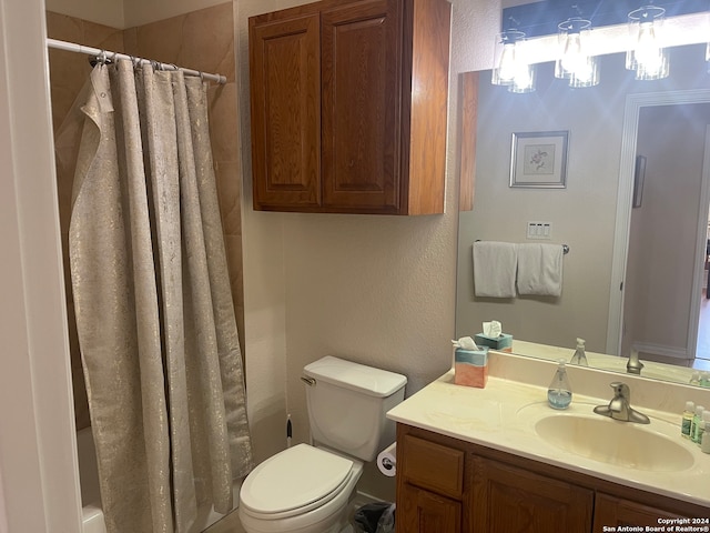 full bathroom with shower / bathtub combination with curtain, a notable chandelier, vanity, and toilet