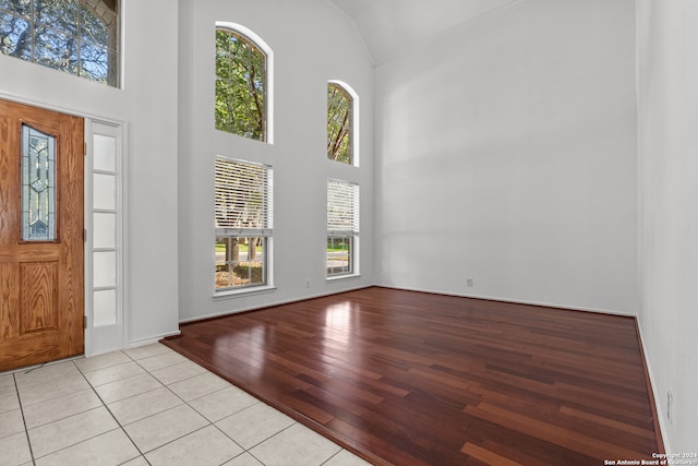 foyer with a healthy amount of sunlight, a towering ceiling, and light hardwood / wood-style flooring