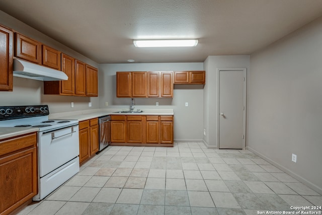 kitchen featuring white range with electric stovetop, sink, stainless steel dishwasher, light tile patterned floors, and a textured ceiling