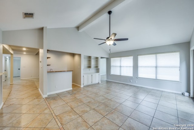 unfurnished living room with high vaulted ceiling, beamed ceiling, ceiling fan, built in shelves, and light tile patterned floors