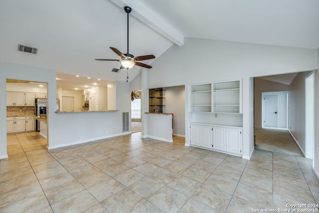 unfurnished living room featuring ceiling fan, beam ceiling, light tile patterned floors, and high vaulted ceiling