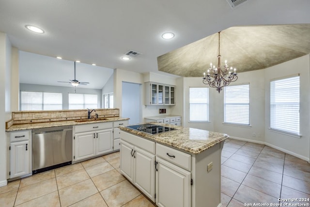 kitchen with a kitchen island, decorative light fixtures, dishwasher, white cabinets, and black electric stovetop