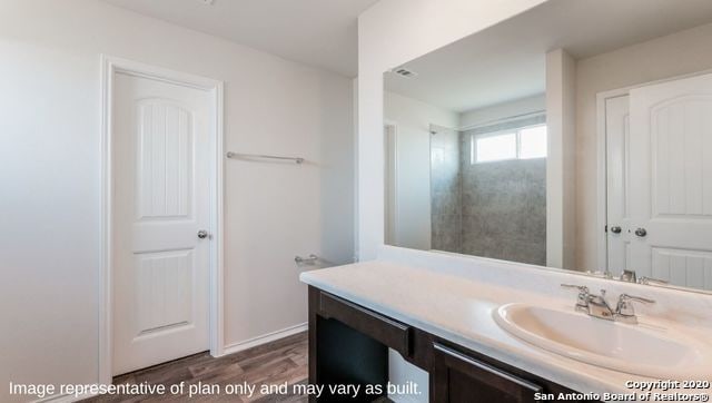 bathroom with wood-type flooring and vanity