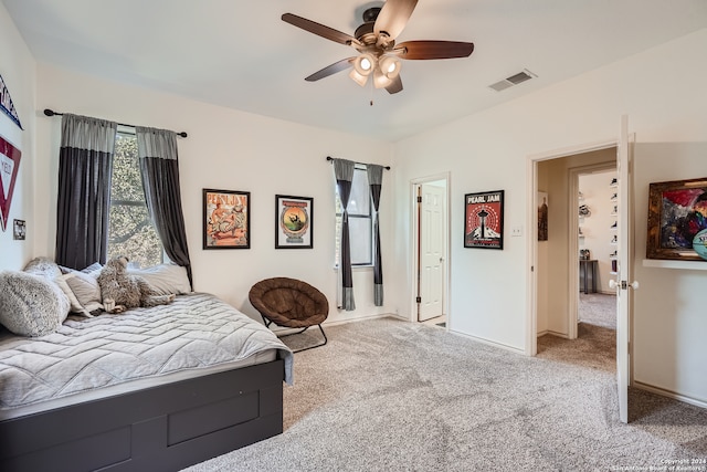 bedroom featuring ceiling fan and carpet flooring