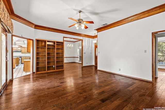 unfurnished living room with ceiling fan with notable chandelier, dark hardwood / wood-style floors, and crown molding