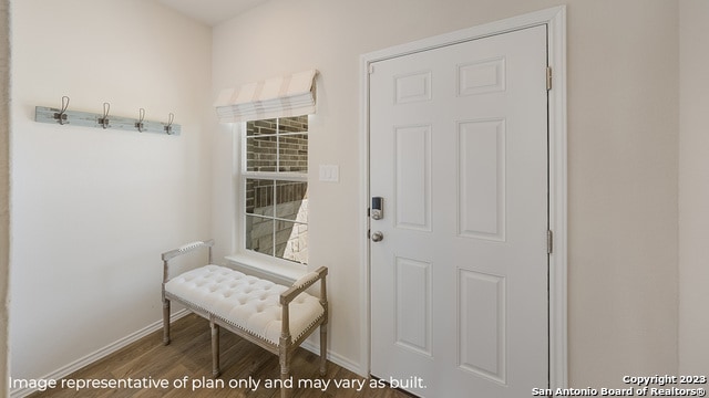 doorway featuring baseboards and wood finished floors
