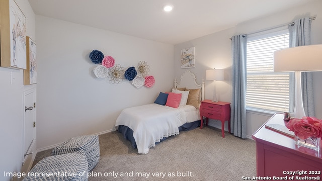 bedroom with light colored carpet
