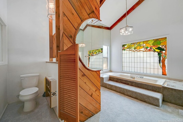 bathroom with high vaulted ceiling, a bathing tub, and toilet