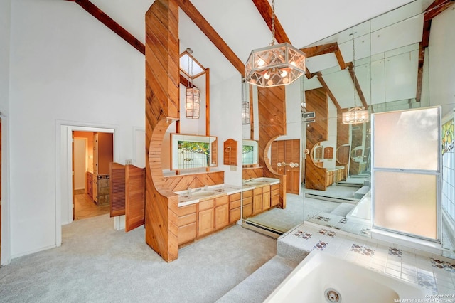 bathroom with wood walls, high vaulted ceiling, a tub, and beamed ceiling