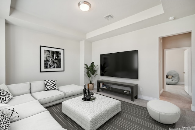 carpeted living room with a raised ceiling