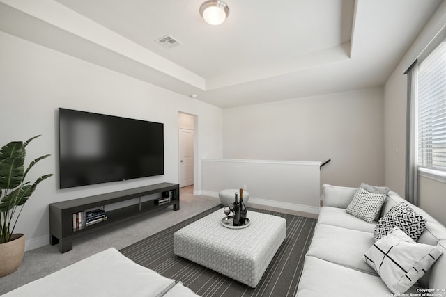 living room with a tray ceiling and carpet