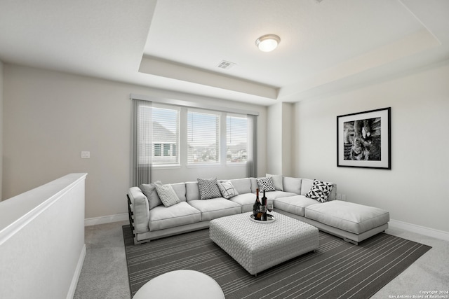 carpeted living room with a raised ceiling