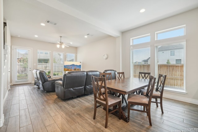 dining space featuring a healthy amount of sunlight, ceiling fan, and light hardwood / wood-style floors