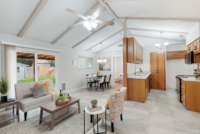 living room with ceiling fan with notable chandelier, beam ceiling, sink, high vaulted ceiling, and light tile patterned floors