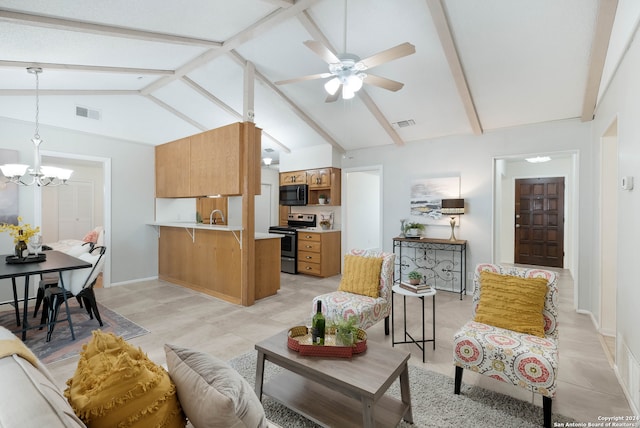 living room featuring ceiling fan with notable chandelier, lofted ceiling with beams, and sink