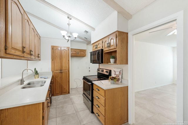 kitchen with a textured ceiling, lofted ceiling with beams, sink, and black electric range