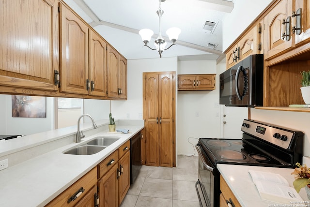 kitchen featuring an inviting chandelier, decorative light fixtures, sink, black appliances, and light tile patterned floors