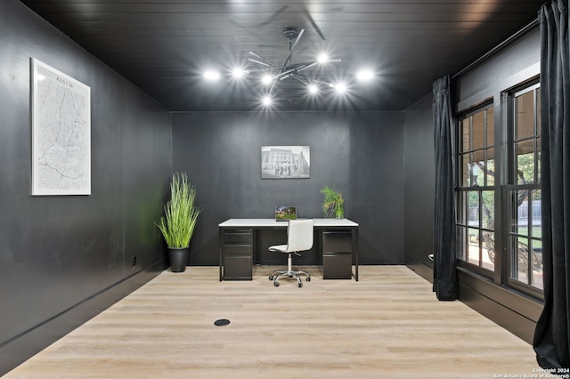 office with wood ceiling