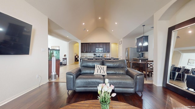 living room featuring vaulted ceiling and dark wood-type flooring