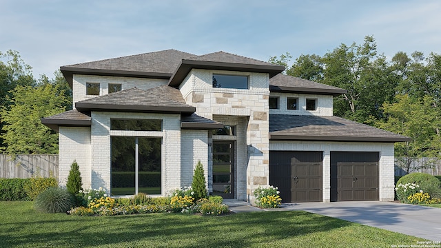 view of front of home featuring a front yard and a garage