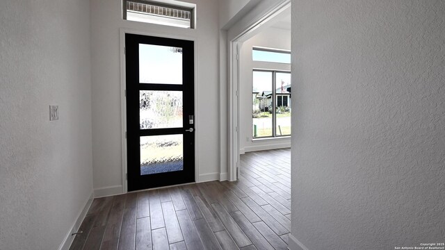 foyer with baseboards, dark wood-style flooring, and a textured wall