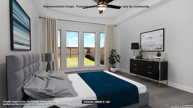 bedroom featuring ceiling fan, carpet, and baseboards