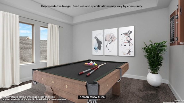 rec room featuring carpet flooring, billiards, and baseboards