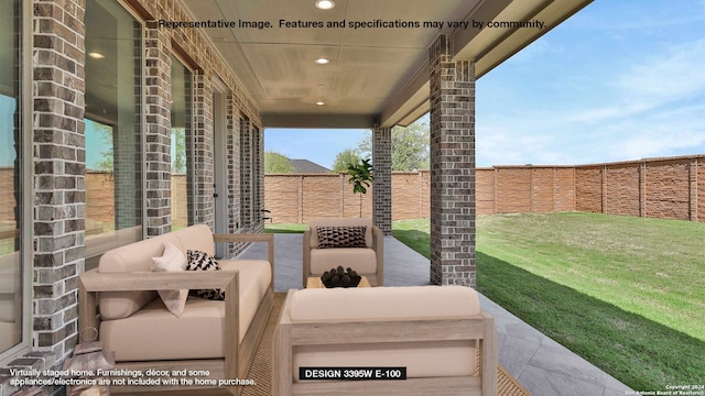 view of patio with a fenced backyard and an outdoor hangout area