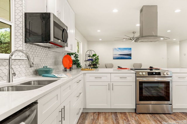 kitchen with light wood-type flooring, stainless steel appliances, wall chimney exhaust hood, sink, and white cabinetry