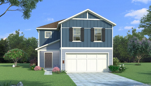 view of front of house featuring an attached garage, driveway, a front lawn, and board and batten siding