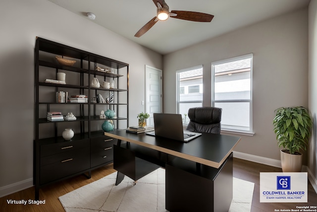 office space with hardwood / wood-style flooring and ceiling fan