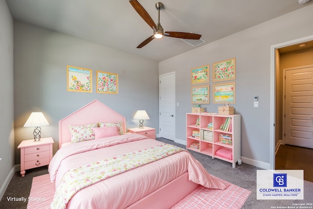 carpeted bedroom with ceiling fan