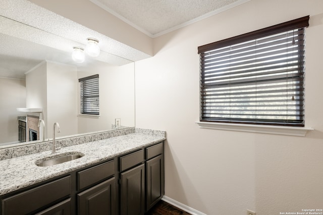 bathroom with ornamental molding, vanity, and a textured ceiling