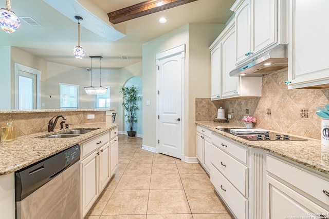 kitchen featuring light tile patterned flooring, pendant lighting, black electric cooktop, dishwasher, and white cabinets