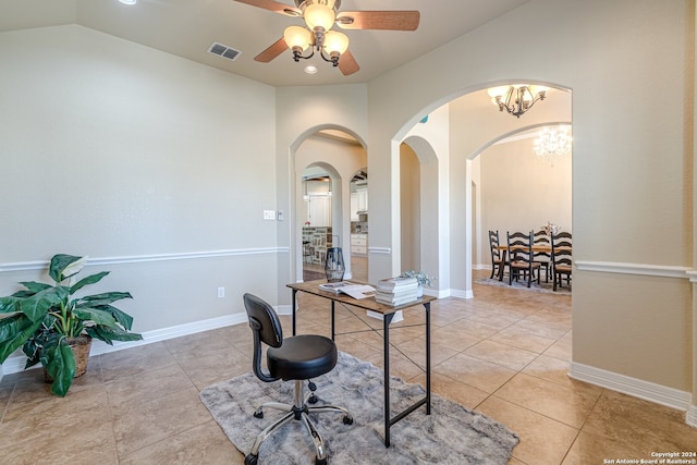 office featuring light tile patterned flooring, lofted ceiling, and ceiling fan