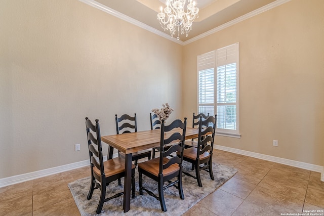 tiled dining area with ornamental molding and a chandelier