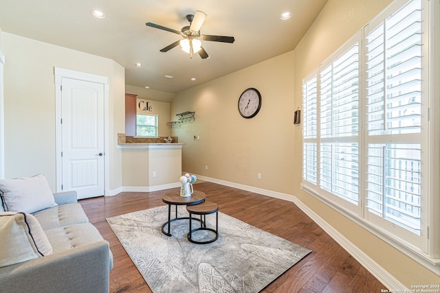 living room featuring dark hardwood / wood-style floors and ceiling fan