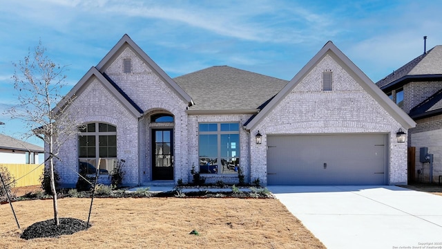 french country home featuring a garage, brick siding, and driveway