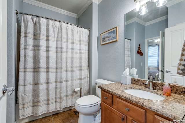 bathroom featuring vanity, toilet, ornamental molding, a shower with curtain, and tile patterned flooring