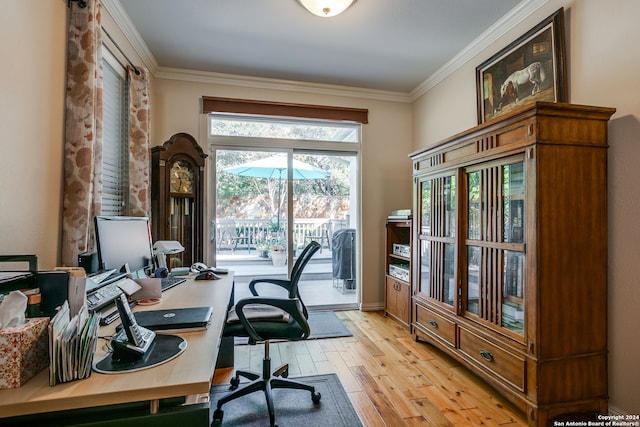 office space featuring ornamental molding and light hardwood / wood-style floors