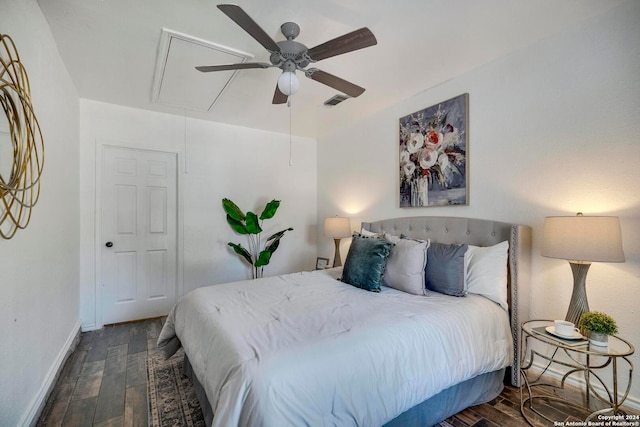 bedroom featuring ceiling fan and dark wood-type flooring