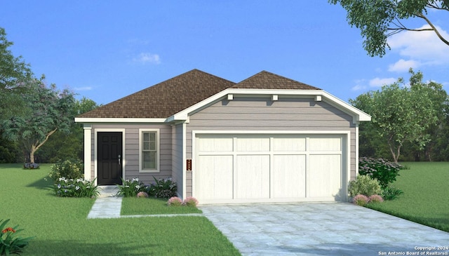 view of front of home with a front yard and a garage