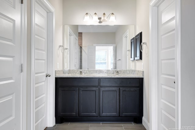 bathroom with walk in shower, vanity, and wood-type flooring