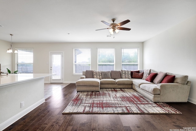 living room featuring ceiling fan with notable chandelier and dark hardwood / wood-style flooring