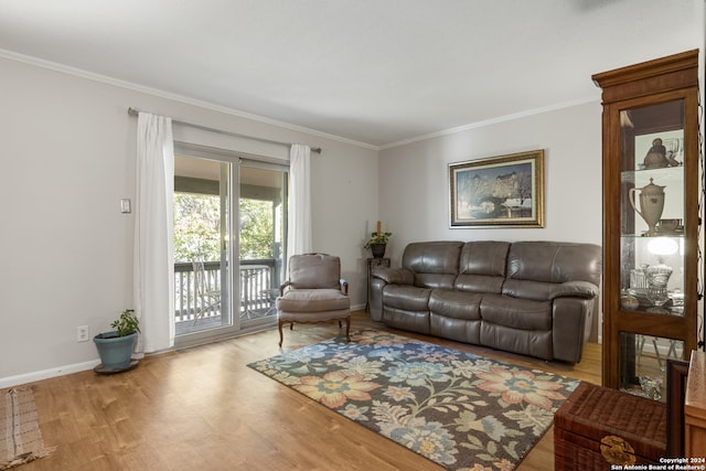 living room with light hardwood / wood-style flooring and crown molding