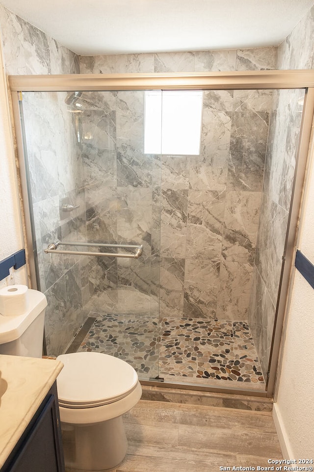 bathroom featuring walk in shower, hardwood / wood-style floors, vanity, and toilet