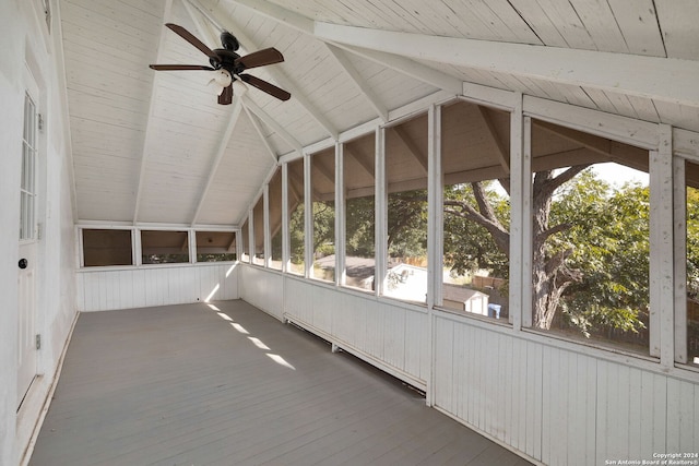 722 E Drexel Ave, San Antonio, TX 78210 - unfurnished sunroom featuring vaulted ceiling, a ceiling fan, plenty of natural light, and radiator