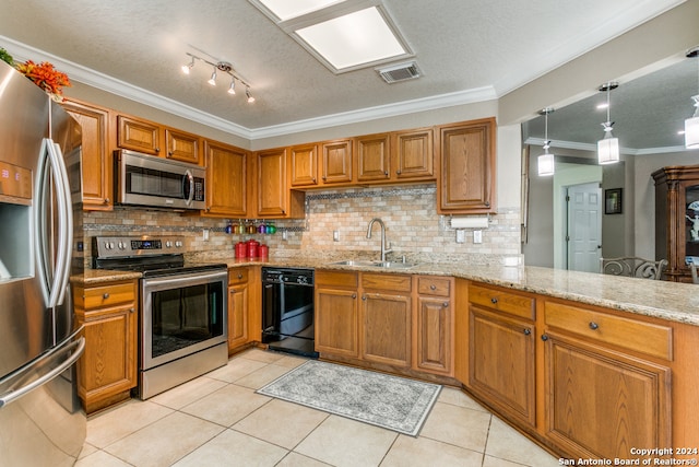 kitchen with sink, ornamental molding, light tile patterned flooring, kitchen peninsula, and appliances with stainless steel finishes